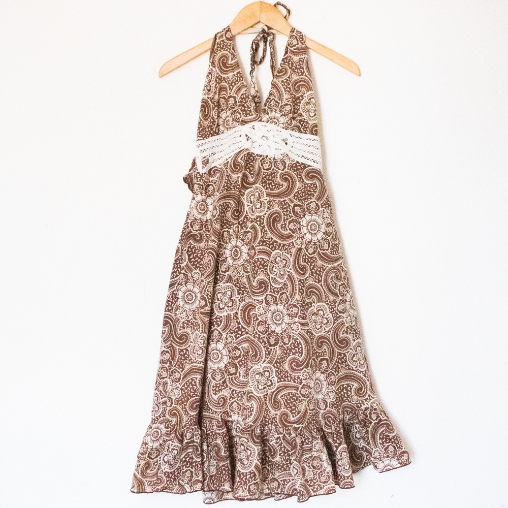 Speechless | Vintage 00’s Brown & Cream Paisley & Floral Halter Dress | Size 9